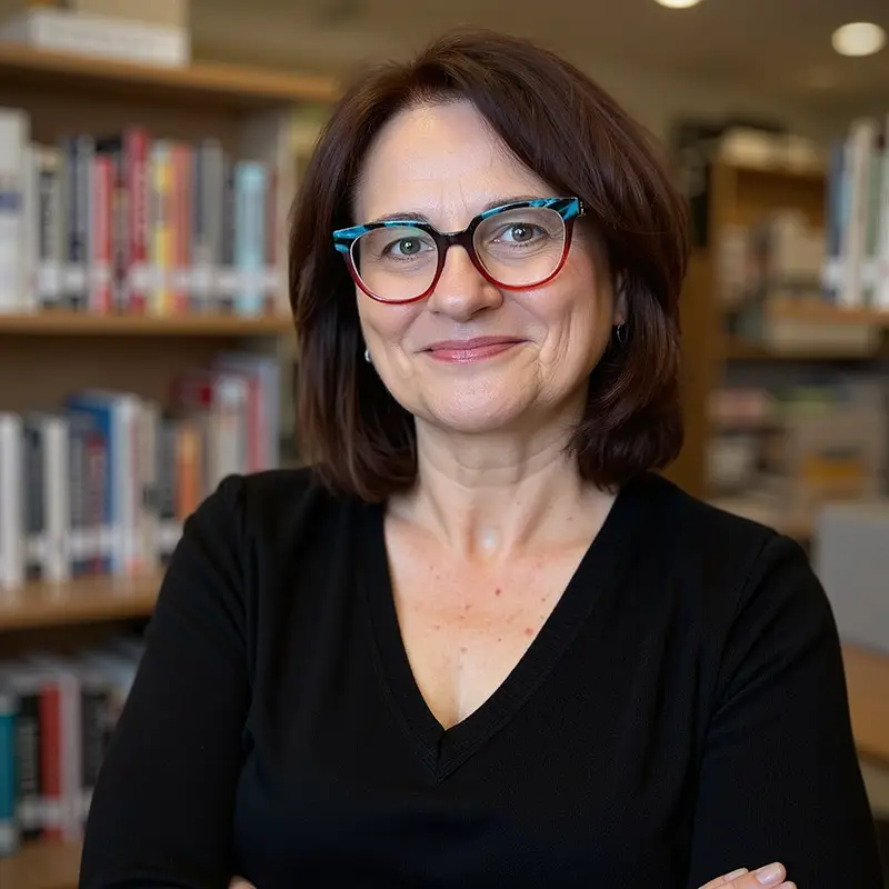 Martina Müllender, Expertin für AI-Beratung und Schulung, steht lächelnd vor einer Bücherwand in einem modernen Büro.